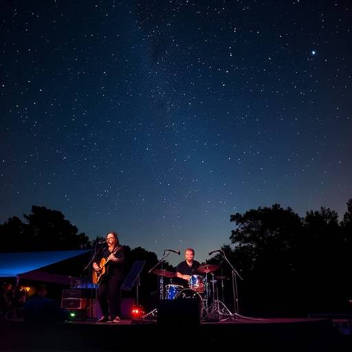 Artistas tocando en un escenario al aire libre bajo un cielo estrellado.