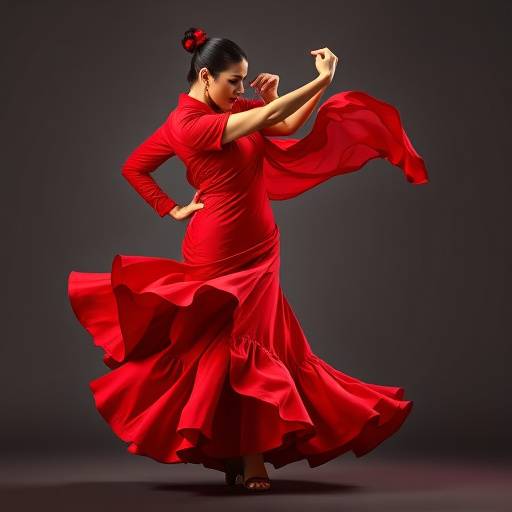 Bailaora de flamenco con un vestido rojo vibrante, en pleno movimiento apasionado