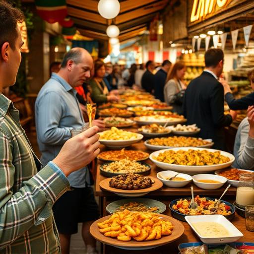 Degustaci&radic;&ge;n de tapas variadas en un mercado animado.