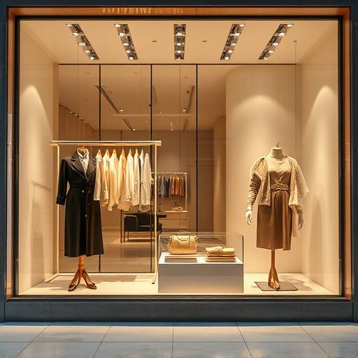 Escaparate de una boutique de lujo con ropa elegante y accesorios.