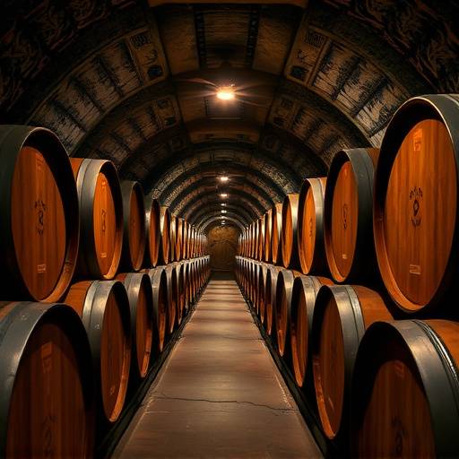 Fila de barricas de roble en una bodega subterr&aacute;nea de Rioja