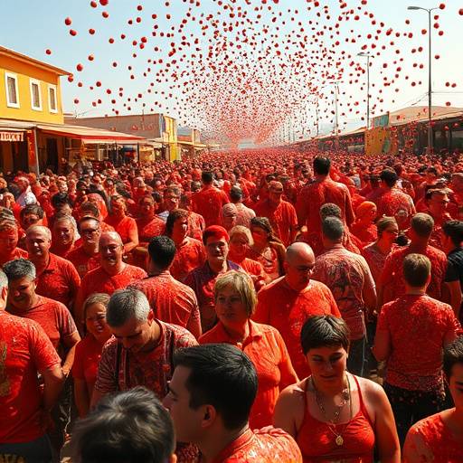 Gente sonriendo y cubierta de tomates en la Tomatina de Bu&ntilde;ol