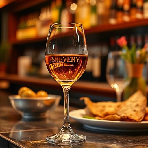 Imagen de una copa de Sherry (Jerez) con aceitunas y tapas