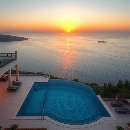 Imagen de una villa de lujo con piscina infinita con vistas al mar Mediterr&aacute;neo al atardecer.