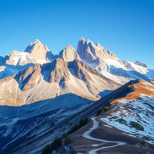 Majestuosas cumbres nevadas de los Picos de Europa con un sendero serpenteante
