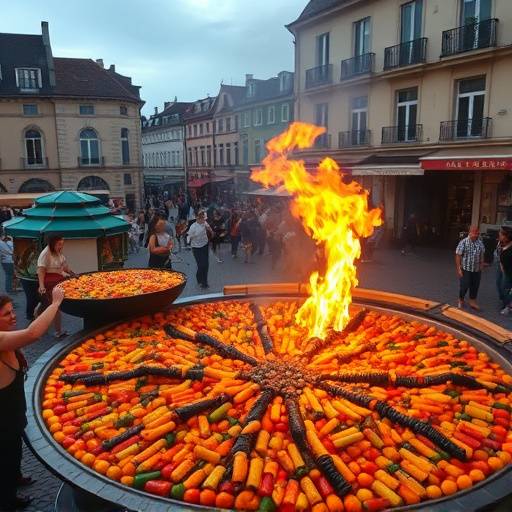Paella gigante cocin&radic;&deg;ndose en una plaza p&radic;&ordm;blica durante una fiesta local.