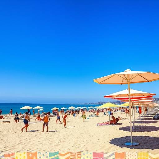 Playa de la Malvarrosa en Valencia con sombrillas y gente disfrutando