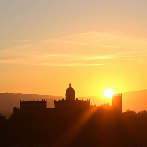 Silueta de la Alhambra al atardecer en Granada, Andaluc&iacute;a, con los Pirineos de fondo.